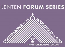 Lenten Forum Series in white type over a purple-grey field of color. 