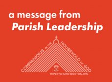 a message from Parish Leadership in white type over an orange-red background
