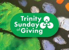 the text Trinity Sunday of Giving overlaid onto an image of green, lavender, and fiery orange stained glass