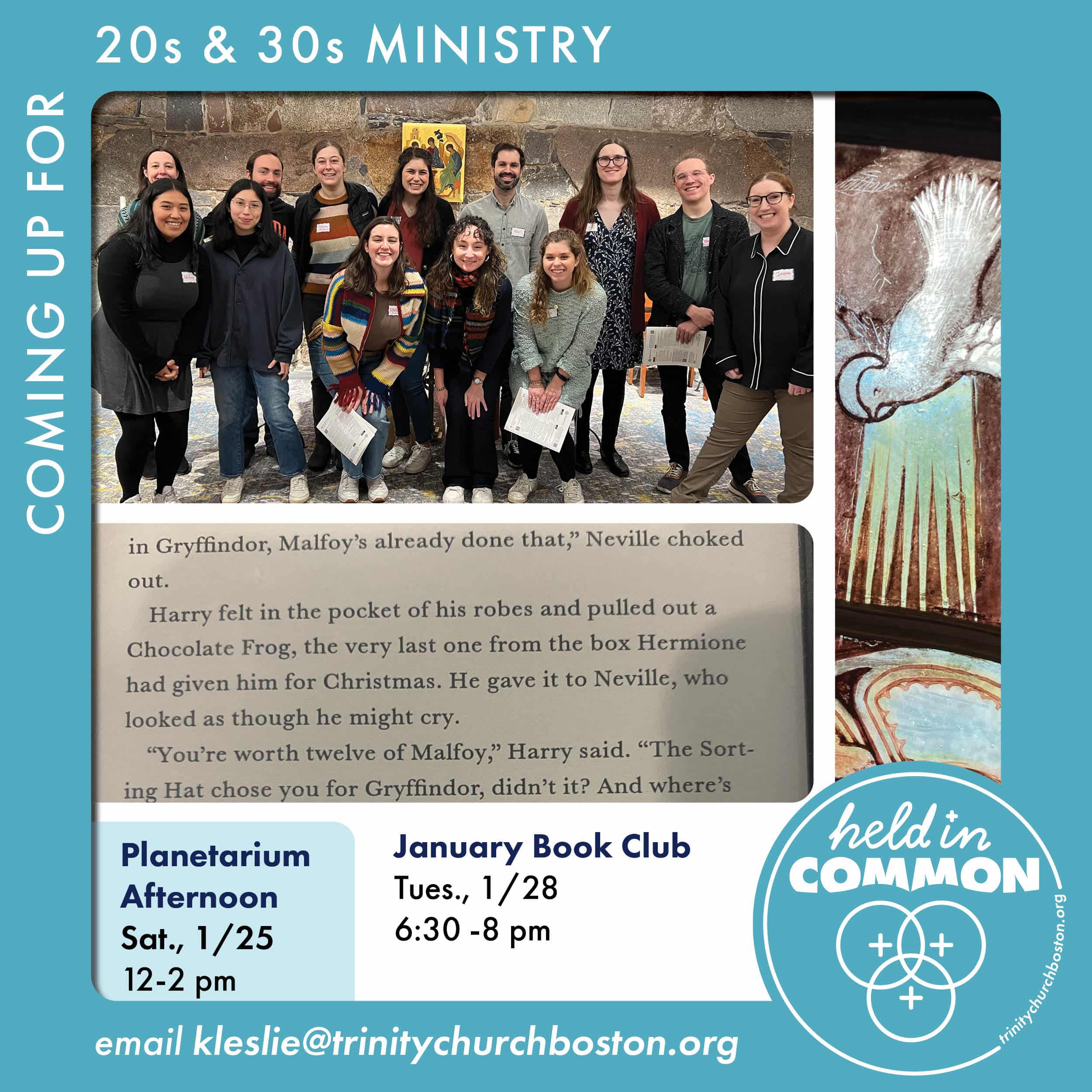 a group of people in their 20s and 30s and a snippet of text from 'Harry Potter and the Sorcerer's Stone' are surrounded by a robin's egg blue frame, with the text: Coming Up for 20s & 30s Ministry.