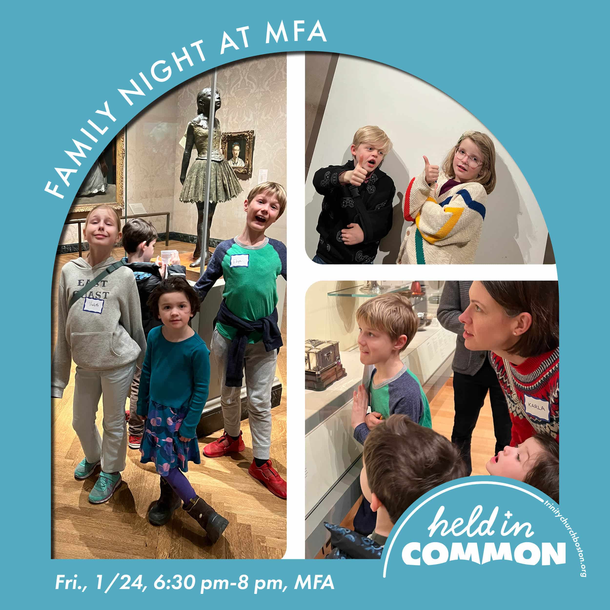 Family Night at MFA. Photos of Trinity parishioners and children exploring the Museum of Fine Arts, Boston