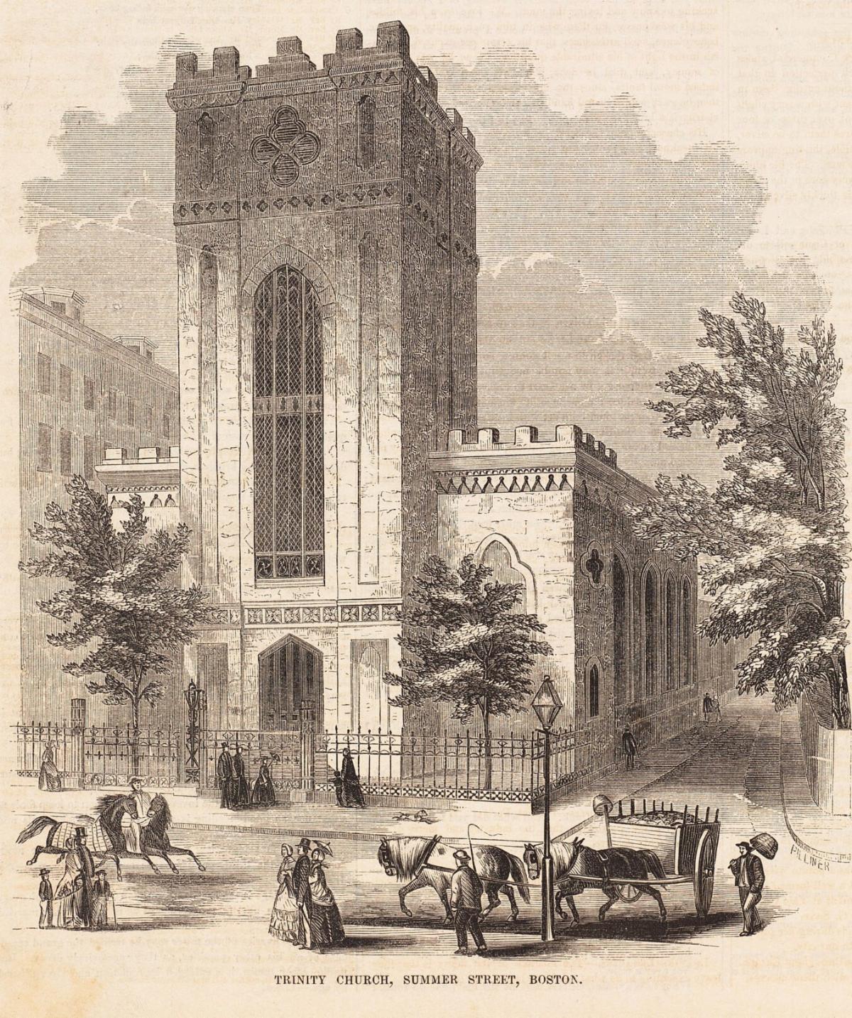 A drawing of the second Trinity Church building on Summer Street in Boston.