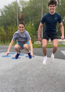 Maggie and Oliver jump during Sole Train practice with Trinity's sister organization, Trinity Boston Connects.